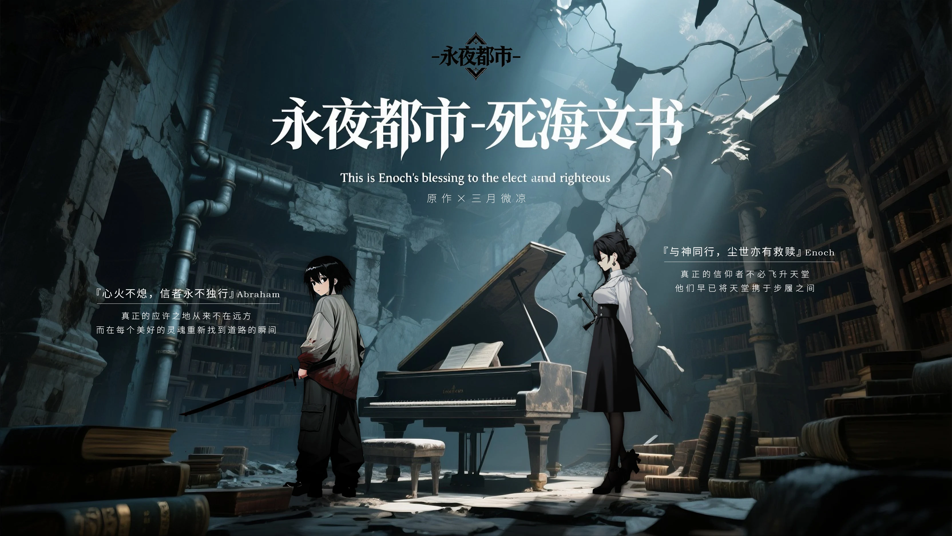 《永夜都市—死海文书》游戏海报:破败图书馆中的角色与钢琴